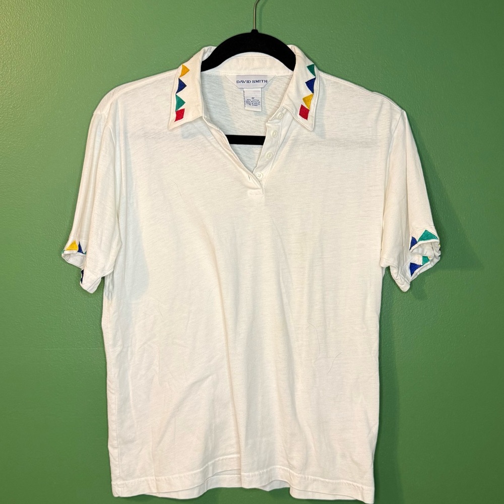 White Polo Shirt with Colorful Geometric Accents